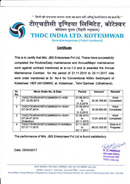 Completion Certificate THDC (Koteshwar)